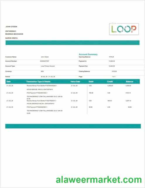 Kenya Loop Bank account statement Word and PDF template